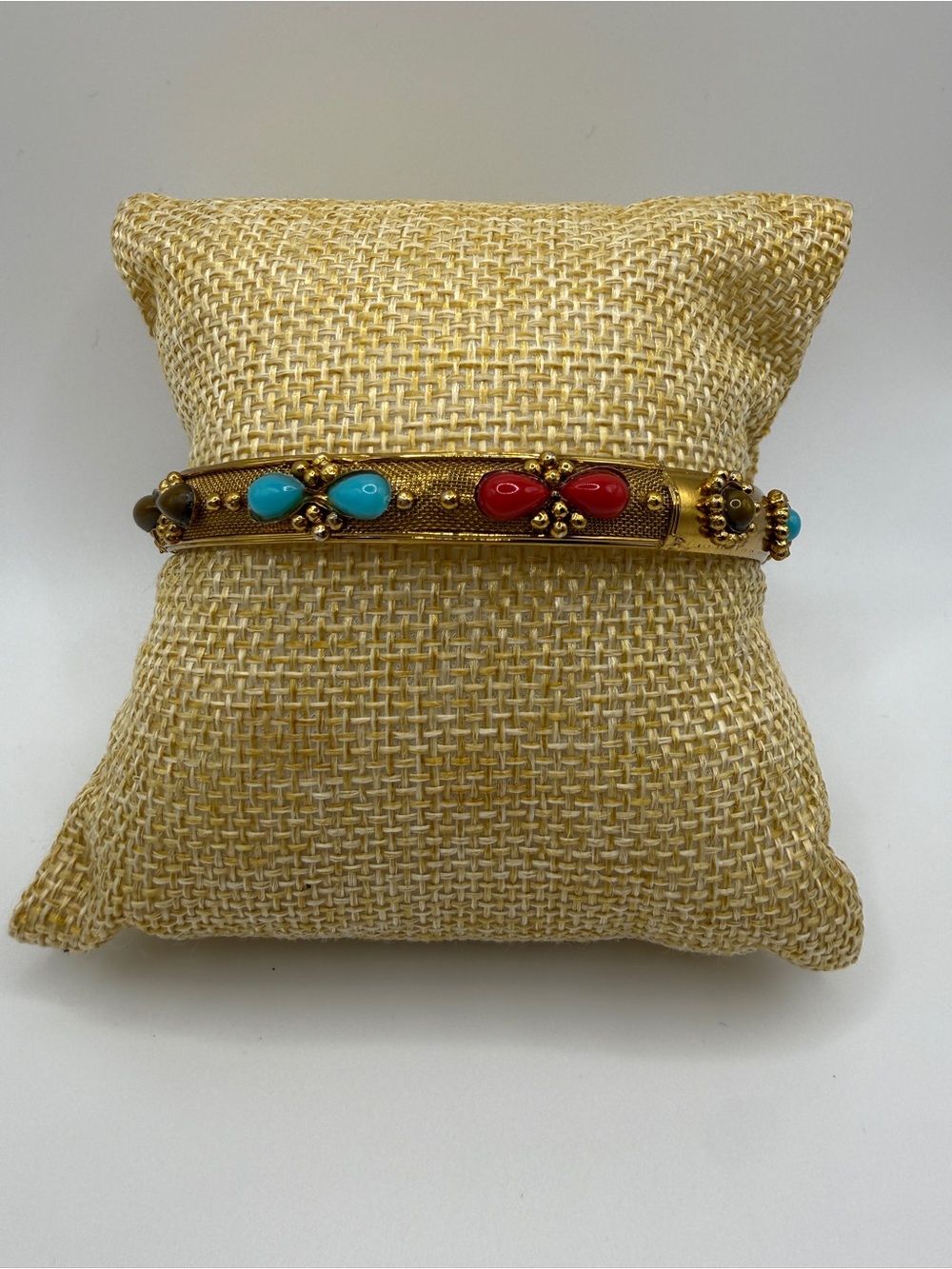 Vintage Etruscan Style Gold Bracelet with Faux Turquoise & Coral